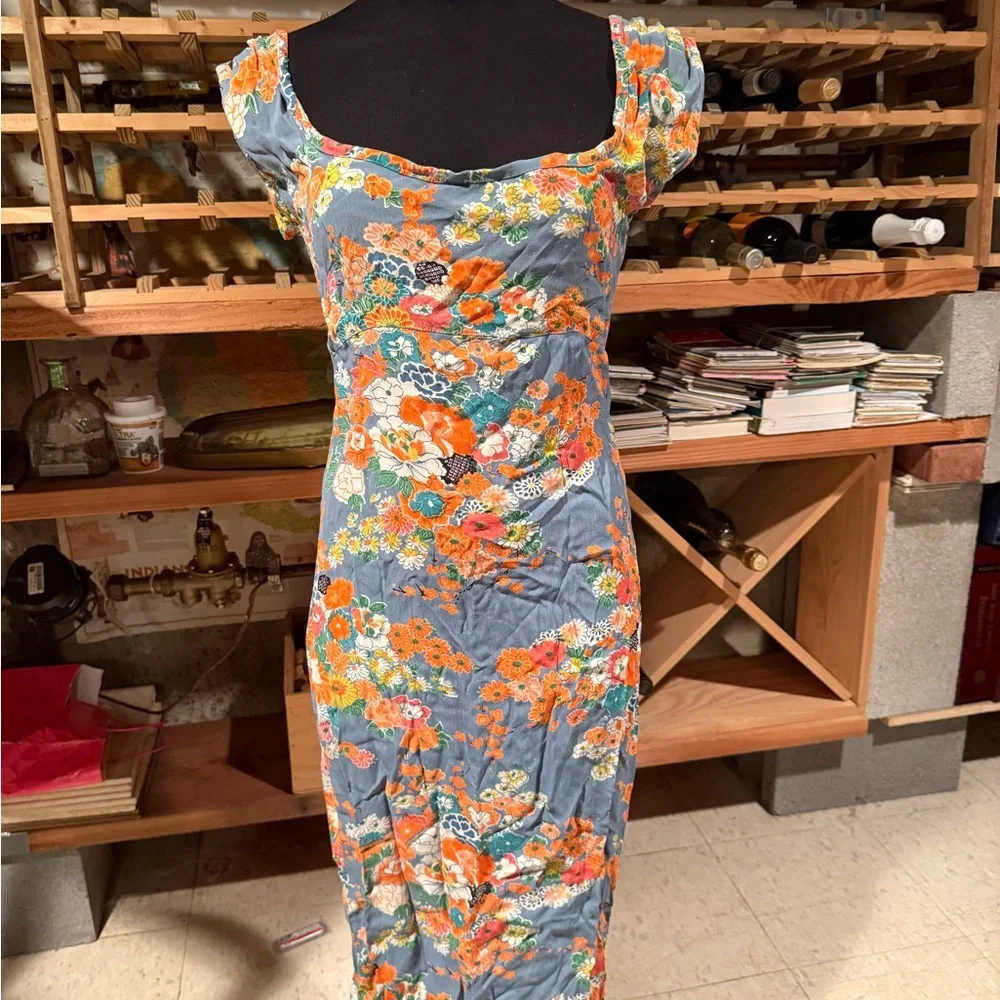 Free People Y2K Tie-up Back Floral Dress in Blue and Orange - Picture 2 of 7